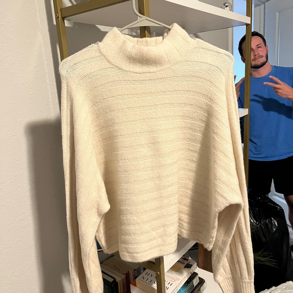 Altar'd State Cream Cowl Neck Sweater with Ribbed Texture